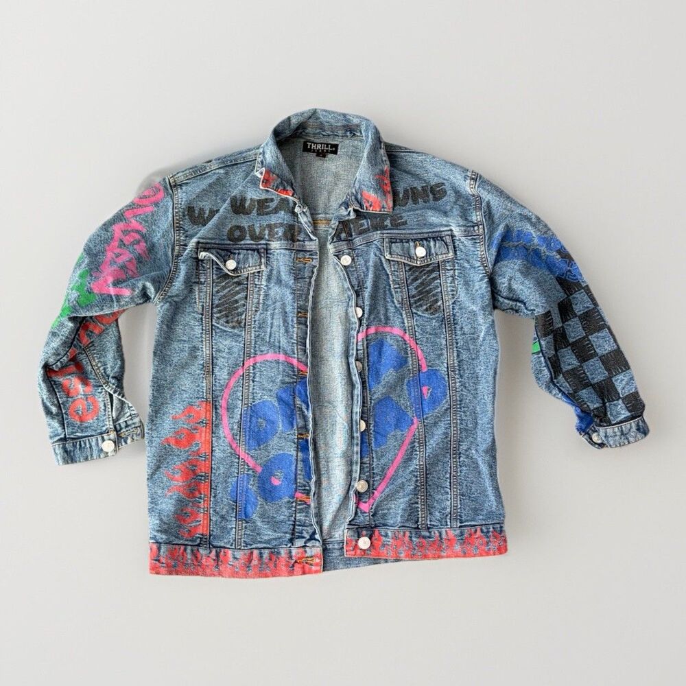 Thrill Jeans Graphic Denim Jacket Women’s S Blue Distressed Streetwear Y2K